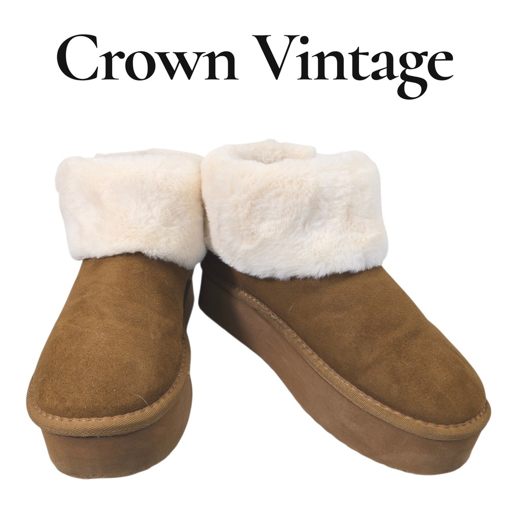 Crown Vintage‎ Tan Faux Suede Faux Fur Lined Platform Boots Women's 9.5